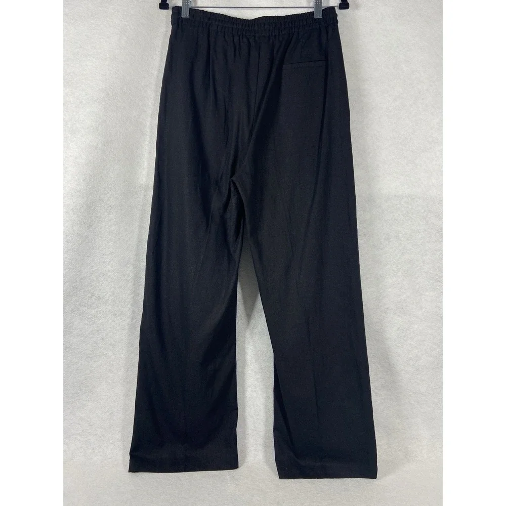 Zara Pants Womens Large Black Straight Leg Drawstring Linen Blend New